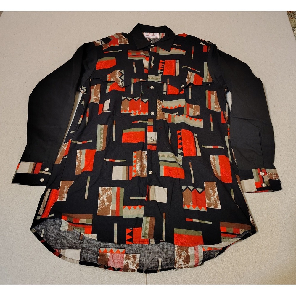 Vintage 90s EZ Western Wear Mens Medium Black Geometric Button Up Shirt‎ VV